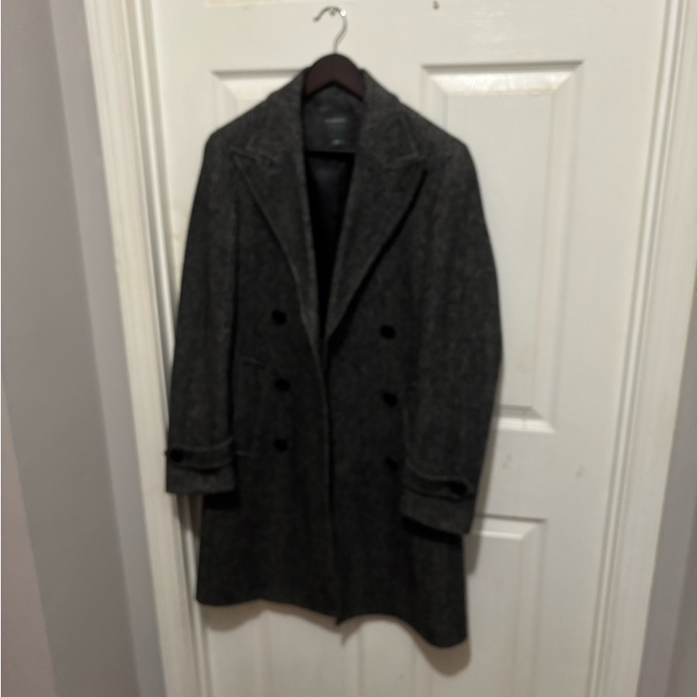Mens Gray Herringbone Double-Breasted Top Coat